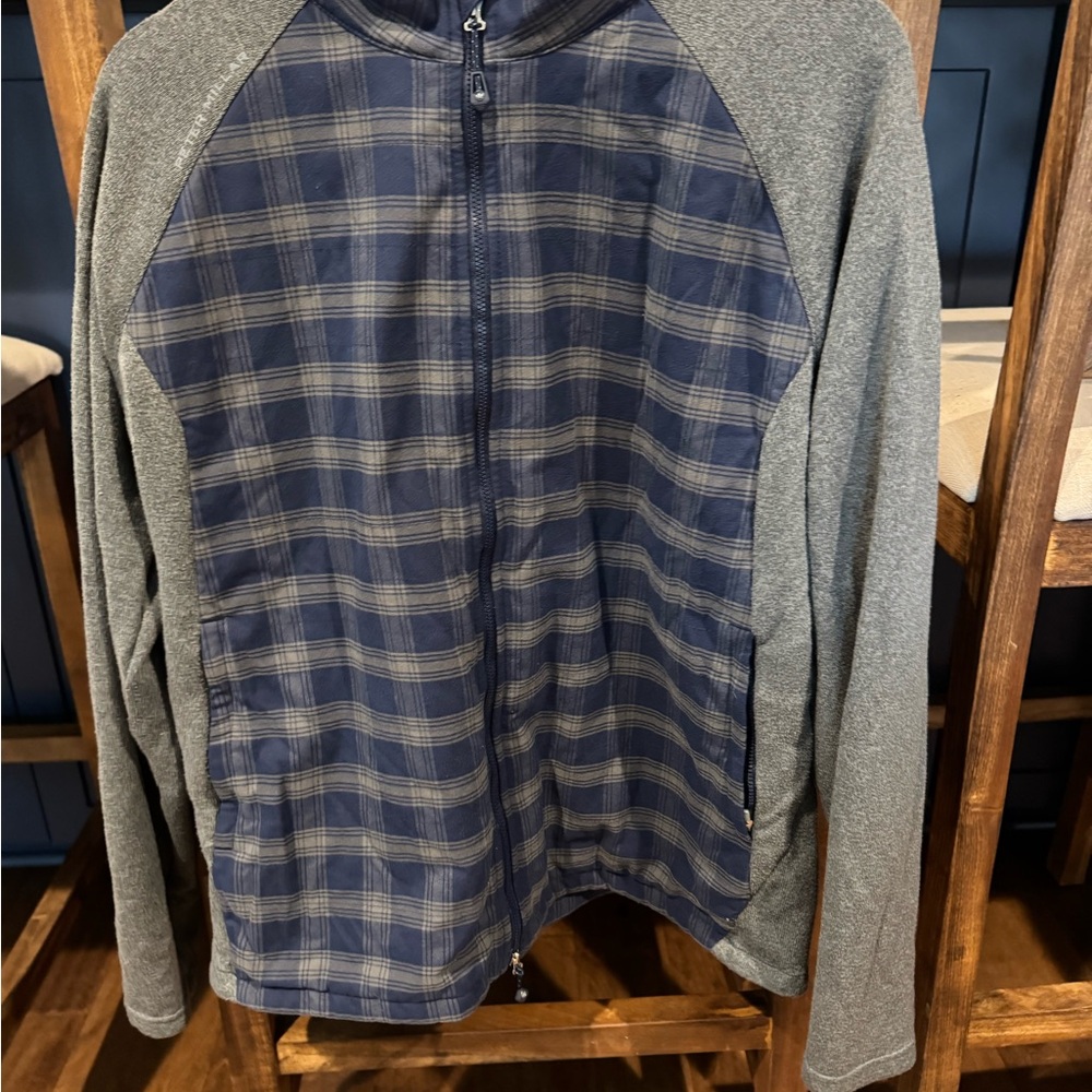 Peter Millar Gray and Blue Zip Up Sweater with Plaid Design